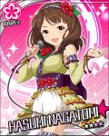  :d breasts brown_eyes brown_hair detached_sleeves flower hair_flower hair_ornament hairband idolmaster idolmaster_cinderella_girls microphone nagatomi_hasumi obi official_art open_mouth smile solo 