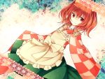  apron bow checkered clothes_writing motoori_kosuzu red_eyes red_hair redhead short_hair skirt smile solo tama_(soon32281) touhou twintails 