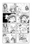  4koma :3 ? arm_up arms_up bow breasts chibi cirno closed_eyes comic dress eyes_closed forest hair_bow hand_on_head hat head_bump hong_meiling large_breasts leg_hug long_hair monochrome musical_note nature o_o puffy_sleeves raised_fist running short_hair short_sleeves silent_comic sitting smile star touhou ushi wings 