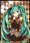  :q argyle argyle_background bandage bandages blue_eyes detached_sleeves green_hair halloween hatsune_miku highres long_hair ria_(akl14) skirt solo star tongue twintails very_long_hair vocaloid 