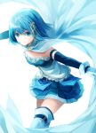  blue_eyes blue_hair cape choke_(amamarin) gloves hair_ornament magical_girl mahou_shoujo_madoka_magica mahou_shoujo_madoka_magica_movie miki_sayaka outstretched_arm short_hair simple_background skirt solo thigh-highs thighhighs white_background 