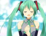  bare_shoulders closed_eyes detached_sleeves eyes_closed green_hair hatsune_miku headset long_hair necktie open_mouth solo twintails vocaloid wara_(warapro) 
