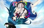  blue_hair bow cloud clouds dress food fruit hat hinanawi_tenshi long_hair oumi_hi outstretched_arms peach red_eyes ribbon short_sleeves sky solo touhou 