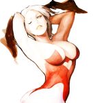  armpits blurry breasts depth_of_field head_wings heart lilith_aensland looking_away monochrome nareuk parted_lips realistic short_hair solo teenage teeth vampire_(game) wink 