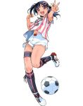  ball black_hair brown_eyes character_request cleats clenched_hand hair_ornament hairclip inoue_sora kneehighs mai_ball! miyano_mai my_ball! navel official_art open_mouth shorts simple_background soccer soccer_ball soccer_uniform solo striped thigh_strap v white_background 