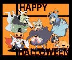  belt blue_eyes blue_hair brown_hair cape capelet cross dress earmuffs fangs flower ghost_tail green_dress green_eyes green_hair hair_ornament hair_rings hair_stick halloween happy_halloween hat highres jack-o&#039;-lantern jack-o'-lantern japanese_clothes jewelry jiangshi kaku_seiga kariginu long_sleeves miyako_yoshika mononobe_no_futo multiple_girls necklace noise-111 ofuda open_mouth orange_background outstretched_arms pumpkin pumpkin_hair_ornament shawl short_hair short_sleeves skirt smile soga_no_tojiko tate_eboshi touhou toyosatomimi_no_miko vest wide_sleeves zombie_pose 