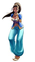  1girl ahoge arabian_clothes arms_behind_back breasts brown_hair capcom cleavage dark_skin earrings harem_pants jewelry lips long_hair navel necklace official_art pointy_shoes ponytail pullum_purna sash solo street_fighter street_fighter_ex vest 