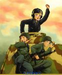  3girls artist_name blonde_hair blue_eyes bolt_action boots braid brown_eyes brown_hair clouds green_eyes gun hat headset helmet long_hair mauser_98 microphone military military_uniform military_vehicle mp40 multiple_girls original panzerkampfwagen_panther rifle rurobani silver_hair single_braid soldier submachine_gun tank uniform vehicle weapon world_war_ii 