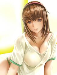  blue_eyes breasts brown_hair cleavage collarbone dead_or_alive green_panties hairband hitomi large_breasts nanacy7 no_pants panties smile solo t-shirt underwear 