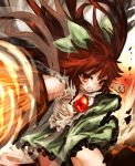 arm_cannon black_wings bow brown_hair clenched_hand clenched_teeth gobou hair_bow long_hair red_eyes reiuji_utsuho short_sleeves skirt solo third_eye touhou weapon wings 