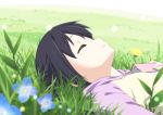  black_hair book collarbone errant flower grass holding holding_book k-on! lying nakano_azusa on_back open_book short_hair sleeping solo 