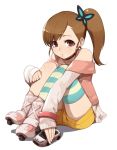  bare_shoulders brown_eyes brown_hair butterfly_hair_ornament choker chousoku_henkei_gyrozetter hair_ornament hitoto inaba_rinne legs_up long_sleeves open_mouth roller_skates shorts side_ponytail single_thighhigh sitting skates solo striped striped_legwear thigh-highs thighhighs toy_car 