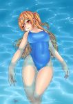  1girl absurdres breasts brown_eyes brown_hair buoyant_hair chuunibyou_demo_koi_ga_shitai! floating game00985 hair_ornament hairclip highres large_breasts long_hair nibutani_shinka one-piece_swimsuit partially_submerged pool school_swimsuit smile solo swimsuit water 