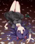  blue_hair clannad dress hair_bobbles hair_ornament ichinose_kotomi long_hair lying paper purple_hair scissors twintails two_side_up 