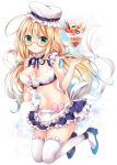  1girl alternate_costume blonde_hair blue_eyes enmaided food i-8_(kantai_collection) kantai_collection long_hair low_twintails maid maid_headdress navel nogi_takayoshi parfait red-framed_eyewear solo tray twintails 