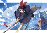  black_cat black_dress black_eyes black_hair bow broom broom_riding cat dirigible dress fisheye flag flying hair_bow jiji_(majo_no_takkyuubin) jong_tu kiki majo_no_takkyuubin smile studio_ghibli town water wind 