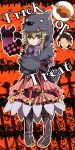  1girl alvin_(tales_of_xillia) animal_costume bat boned_meat boots bow brown_hair doll dress elise_lutus food frills green_eyes halloween meat orange_background ribbon short_hair smile speech_bubble tales_of_(series) tales_of_xillia tipo_(xillia) toraneko trick_or_treat wolf_costume 