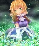  arm_warmers blonde_hair breasts flower flower_field green_eyes hiro32-the-bbc mizuhashi_parsee open_mouth petals pointy_ears scarf short_hair short_sleeves sitting solo touhou 