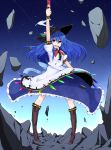 blue_hair boots bow food fruit hat highres hinanawi_tenshi long_hair long_skirt open_mouth peach red_eyes ribbon rihito_(usazukin) short_sleeves skirt smile solo sword sword_of_hisou touhou weapon