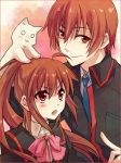  1girl animal_on_head brother_and_sister brown_hair cat cat_on_head little_busters!! long_hair natsume_kyousuke natsume_rin red_eyes school_uniform short_hair siblings yuna_(artist) 