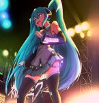  aqua_eyes aqua_hair character_name concert detached_sleeves hatsune_miku headset highres long_hair necktie open_mouth sasuke(stc) skirt solo stage thigh-highs thighhighs twintails very_long_hair vocaloid 