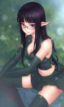  black_hair blush breasts cleavage elbow_gloves elf glasses gloves green_legwear highres long_hair looking_at_viewer midriff ml.e open_mouth original pointy_ears purple_eyes solo thighhighs violet_eyes 