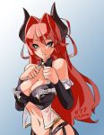  blue_eyes breasts cleavage dated detached_sleeves hair_intakes halter_top halterneck horns junkpuyo large_breasts long_hair midriff navel original red_hair redhead see-through solo tsunoko 