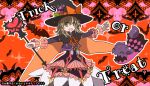  adapted_costume bat brown_hair cape cropped_jacket doll dress elise_lutus frills green_eyes halloween hat orange_background outstretched_arms short_hair smile spread_arms tales_of_(series) tales_of_xillia tipo_(xillia) toraneko trick_or_treat wand witch_hat 