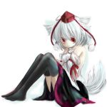  animal_ears bare_shoulders black_legwear detached_sleeves hat highres inubashiri_momiji oumi_hi red_eyes short_hair sitting skirt smile solo tail thigh-highs thighhighs tokin_hat touhou white_hair wide_sleeves wolf_ears wolf_tail 