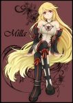  blonde_hair boots character_name crossed_legs highres legs_crossed long_hair looking_at_viewer lyra-kotto milla_(tales_of_xillia_2) milla_maxwell red_background red_eyes sitting skirt smile solo tales_of_(series) tales_of_xillia tales_of_xillia_2 very_long_hair 