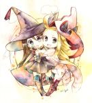  :d :o agnes_oblige ahoge blonde_hair boots bravely_default:_flying_fairy bravely_default_flying_fairy brown_hair cat chibi dated dress edea_lee elbow_gloves gloves green_eyes gumi_(nyahan) hat hug knee_boots long_hair multiple_girls open_mouth signature smile star traditional_media watercolor_(medium) witch_hat 