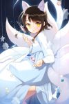 animal_ears bangs brown_hair candy crescent_moon dress fox_ears fox_tail kitsune leg_up lowres moon night open_mouth outstretched_hand parted_bangs salt_(salty) short_hair sita_vilosa star sword_girls tail yellow_eyes 