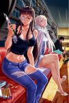  2girls ak-47 assault_rifle bai_hua bare_shoulders black_hair blue_eyes breasts bullet collarbone cosplay cross cross_necklace crossed_legs eyepatch gun high_heels holding holding_knife jeans jormungand knife koko_hekmatyar lips liu_li long_hair looking_at_viewer midriff multiple_girls navel red_eyes rifle sanzhuangwangcat school_shock shoes shun_hao_xuan silver_hair sitting sofia_valmer tank_top thigh-highs thighhighs torn_clothes torn_jeans weapon 