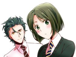  1girl ahoge bad_id black_hair blush fate/zero fate_(series) genderswap green_eyes green_hair gucce222 lancer_(fate/zero) necktie sensha_otoko short_hair waver_velvet yellow_eyes 