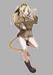  animal_ears blonde_hair blue_eyes boots grey_background hat katharine_ohare long_hair military military_uniform nacl open_mouth ponytail simple_background solo star strike_witches tail uniform 