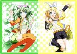  blonde_hair boots girls_century goggles goggles_on_head green_eyes green_hair grin gumi hair_ornament hair_ribbon hairclip headphones highres jacket kagamine_rin looking_at_viewer megpoid_(vocaloid3) multiple_girls open_mouth ribbon short_hair shorts smile suspenders thigh-highs thigh_boots thighhighs v vocaloid wink 