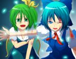  blood blue_eyes blue_hair bruise cirno commentary commentary_request daiyousei fairy_wings green_eyes green_hair injury kobedenshi long_hair multiple_girls open_mouth ribbon short_hair side_ponytail tears touhou transparent wings 