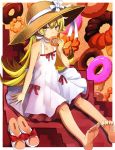  501092-taka bakemonogatari barefoot blonde_hair blush collarbone doughnut dress feet high_heels holding long_hair monogatari_(series) nisemonogatari open_shoes oshino_shinobu sandals_removed sitting smile soles solo toes yellow_eyes 