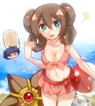  1boy 1girl ? ball beach beachball bikini bikini_skirt black_hair blue_eyes bow breasts brown_hair cleavage double_bun front-tie_top hue_(pokemon) irouha looking_at_viewer mei_(pokemon) navel o_o ocean oshawott poke_ball_theme pokemon pokemon_(creature) pokemon_(game) pokemon_bw2 red_eyes short_hair spiked_hair spiky_hair staryu swimsuit twintails 