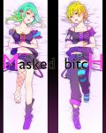  bare_shoulders blonde_hair earrings fishnet_legwear fishnets green_eyes green_hair gumi highres jewelry lip_piercing looking_at_viewer lying mismatched_legwear multiple_girls navel necklace off_shoulder open_mouth piercing red_eyes ring short_hair skirt vocaloid 