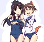  animal_ears brown_eyes brown_hair caryo closed_eyes clothed_navel collarbone dog_ears dog_tail drooling eyes_closed hair_ribbon hattori_shizuka jacket long_hair miyafuji_yoshika multiple_girls nanashino open_mouth ponytail ribbon school_swimsuit school_uniform serafuku short_hair strike_witches sweatdrop swimsuit tail tail_wagging thigh_gap 