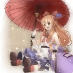  bow brown_eyes brown_hair chain chains fang gourd hair_bow highres horns ibuki_suika long_hair low-tied_long_hair open_mouth oriental_umbrella sakazuki sitting sleeveless sleeveless_shirt solo takumi_(scya) touhou umbrella wrist_cuffs 