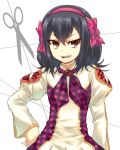  &gt;:d :d binbougami_ga! black_hair bow brown_eyes hair_bow hair_ribbon hairband hand_on_hip ikumoto_(15nama) juliet_sleeves long_sleeves namamoto open_mouth puffy_sleeves ribbon scissors shaga_(binbougami_ga!) smile solo 