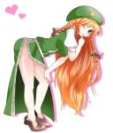  bent_over blush braid breasts chinese_clothes green_eyes hammer_(sunset_beach) hat heart hong_meiling long_hair orange_hair red_hair redhead side_slit skirt smile solo star touhou twin_braids very_long_hair vest wink 
