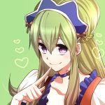  choker finger_to_mouth fu-haru green_background green_hair headdress heart ixion_saga long_hair looking_at_viewer mariandale purple_eyes simple_background smile solo trap violet_eyes 