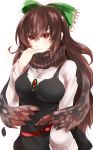  alternate_costume amua belt black_hair black_wings bow brown_hair casual contemporary hair_bow long_hair red_eyes reiuji_utsuho scarf simple_background smile solo striped striped_scarf sweater third_eye touhou white_background wings 