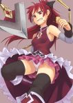  and black_legwear boots bow food grin hair_bow knee_boots long_hair magical_girl mahou_shoujo_madoka_magica panties pantyshot ponytail red_eyes red_hair redhead sakura_kyouko skirt smile solo thigh-highs thighhighs underwear upskirt weapon white_panties 