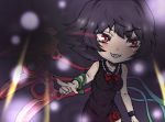  adapted_costume asymmetrical_wings black_dress black_hair blush bow breasts danmaku dress fighting grin houjuu_nue minimilk pink_eyes pointing red_eyes sharp_teeth smile snake solo touhou wings wristband 