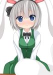  :&gt; animal_ears blue_eyes blush bunny_ears chimunge ghost highres hitodama kemonomimi_mode konpaku_youmu konpaku_youmu_(ghost) looking_at_viewer rabbit_ears short_hair silver_hair simple_background solo touhou v_arms white_background 