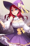  bangs blue_eyes bow breasts brooch choker cleavage detached_sleeves frilled_skirt frills grin hat hat_bow jewelry long_hair lowres open_mouth outstretched_arm parted_bangs pleated_skirt red_hair redhead ribbon rihanna salt_(salty) skirt smile sword_girls wavy_hair witch witch_hat 